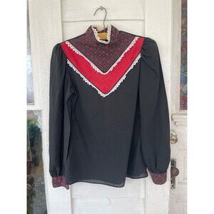 Vintage 1970s High Collar Prairie Blouse Black Red Size Small